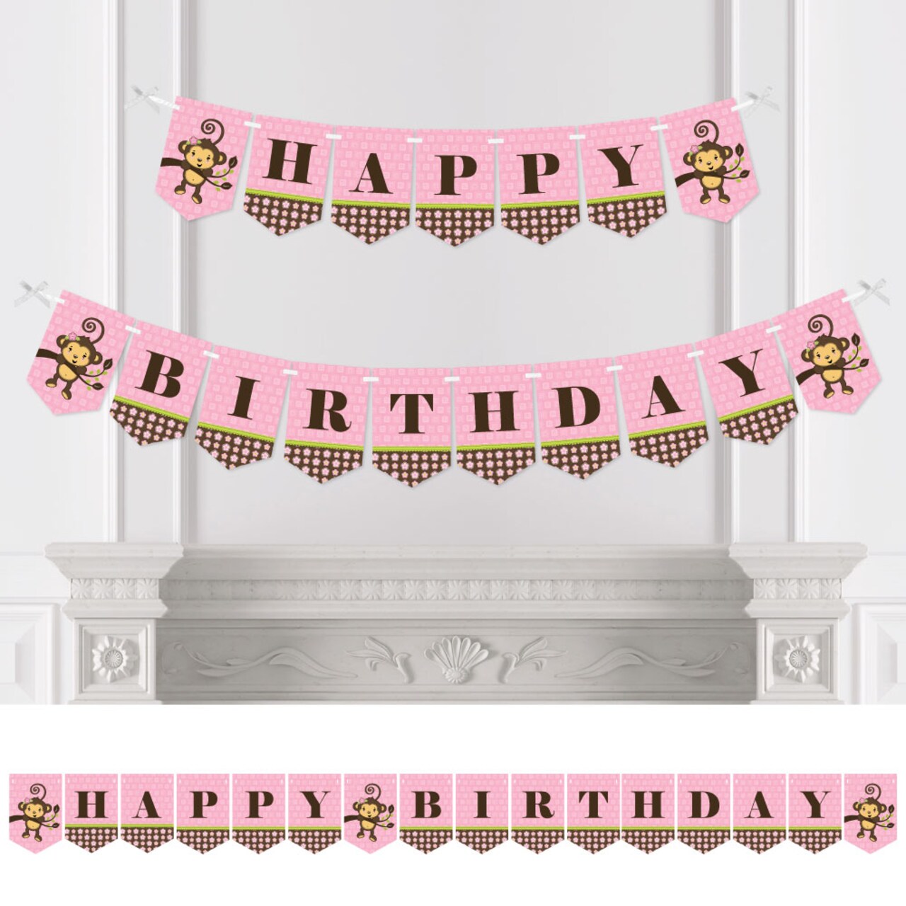 Big Dot of Happiness Pink Monkey Girl - Birthday Party Bunting Banner - Pink Party Decorations - Happy Birthday